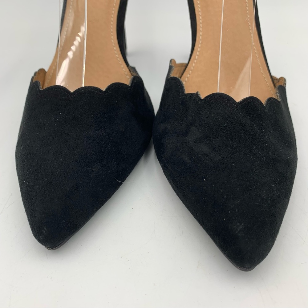 NY&C High Heels Black Faux Suede‎ Women 9.5 Stiletto Ankle Strap Scalloped EUC - Picture 5 of 11